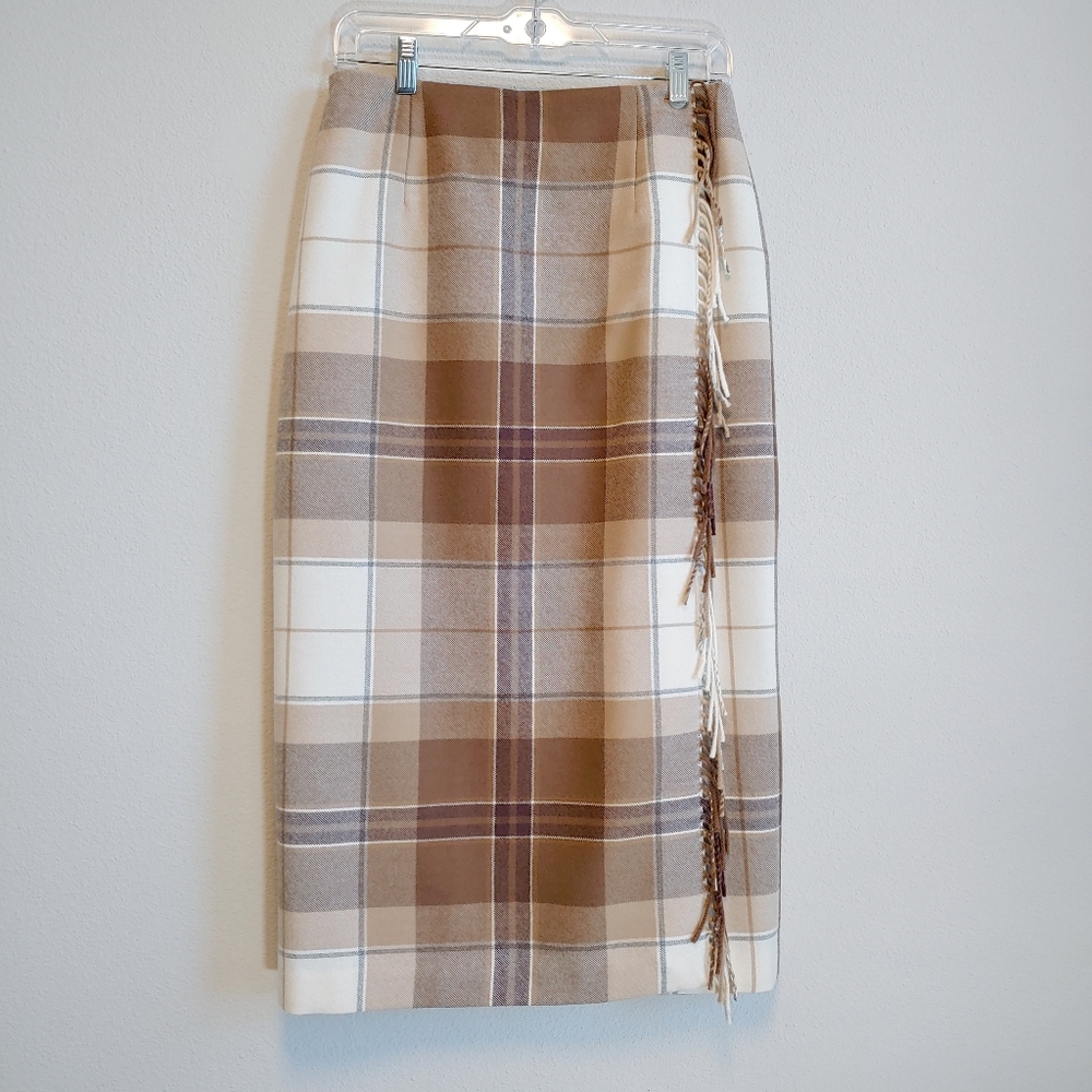 Neutral Plaid Lambs Wool Midi Skirt - Women's Brown & Cream